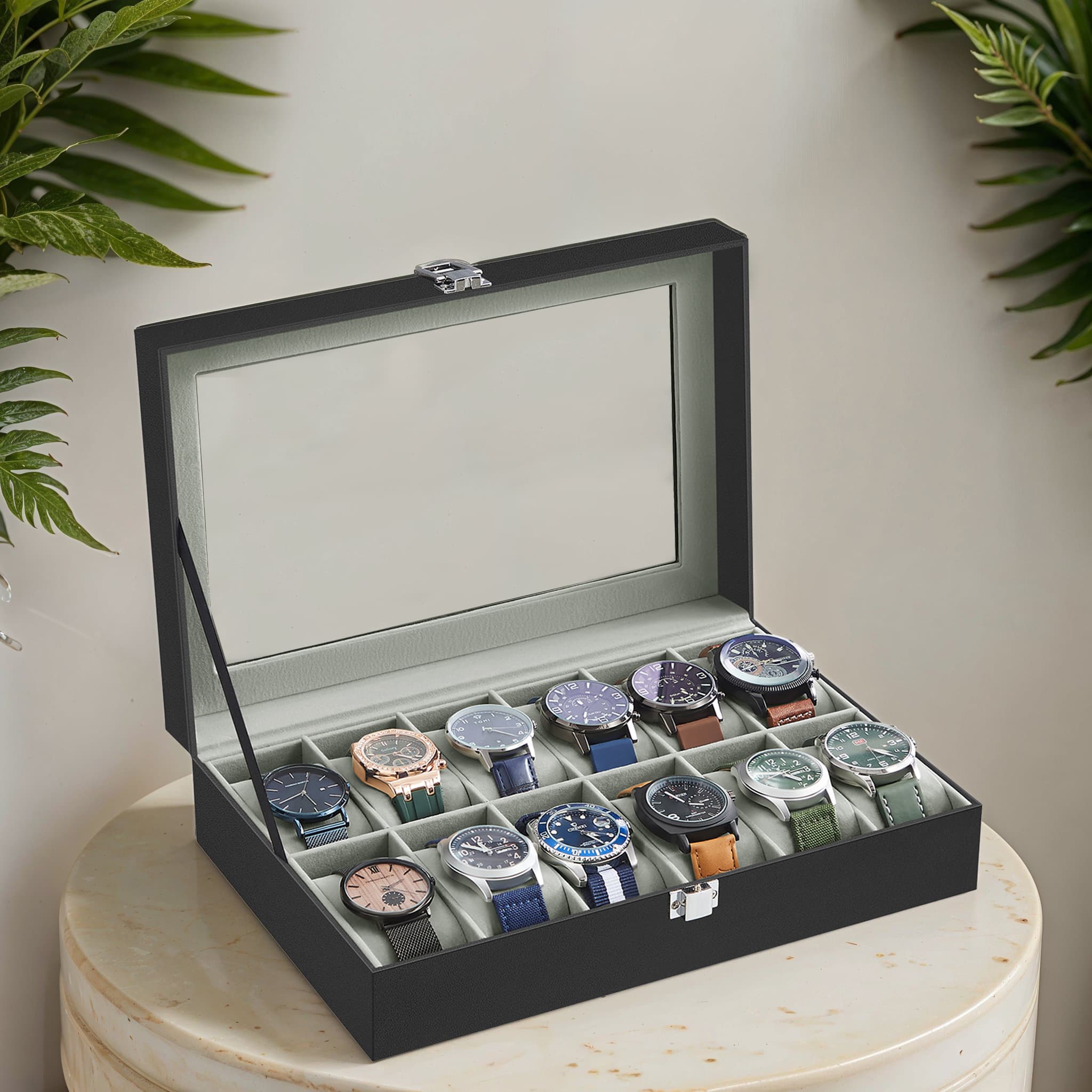 Horlogedoos – Luxe opbergbox met 12 vakken – Zwart