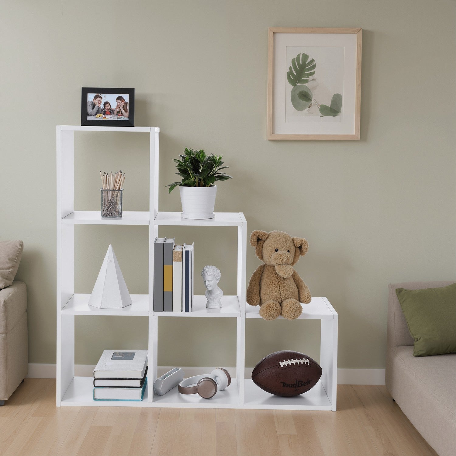 Boekenkast met 6 vakken, open plank, opstapplank