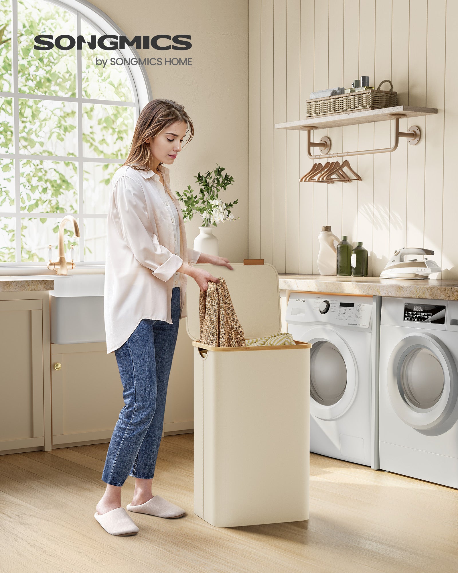 Wasmand 90 Liter met Uitneembare Waszak Crèmewit