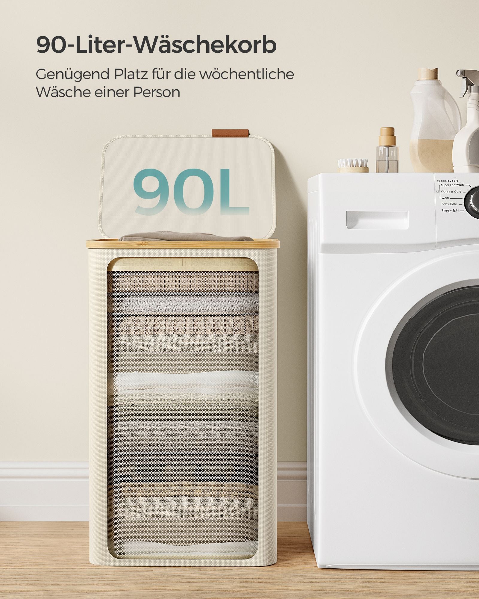 Wasmand 90 Liter met Uitneembare Waszak Crèmewit