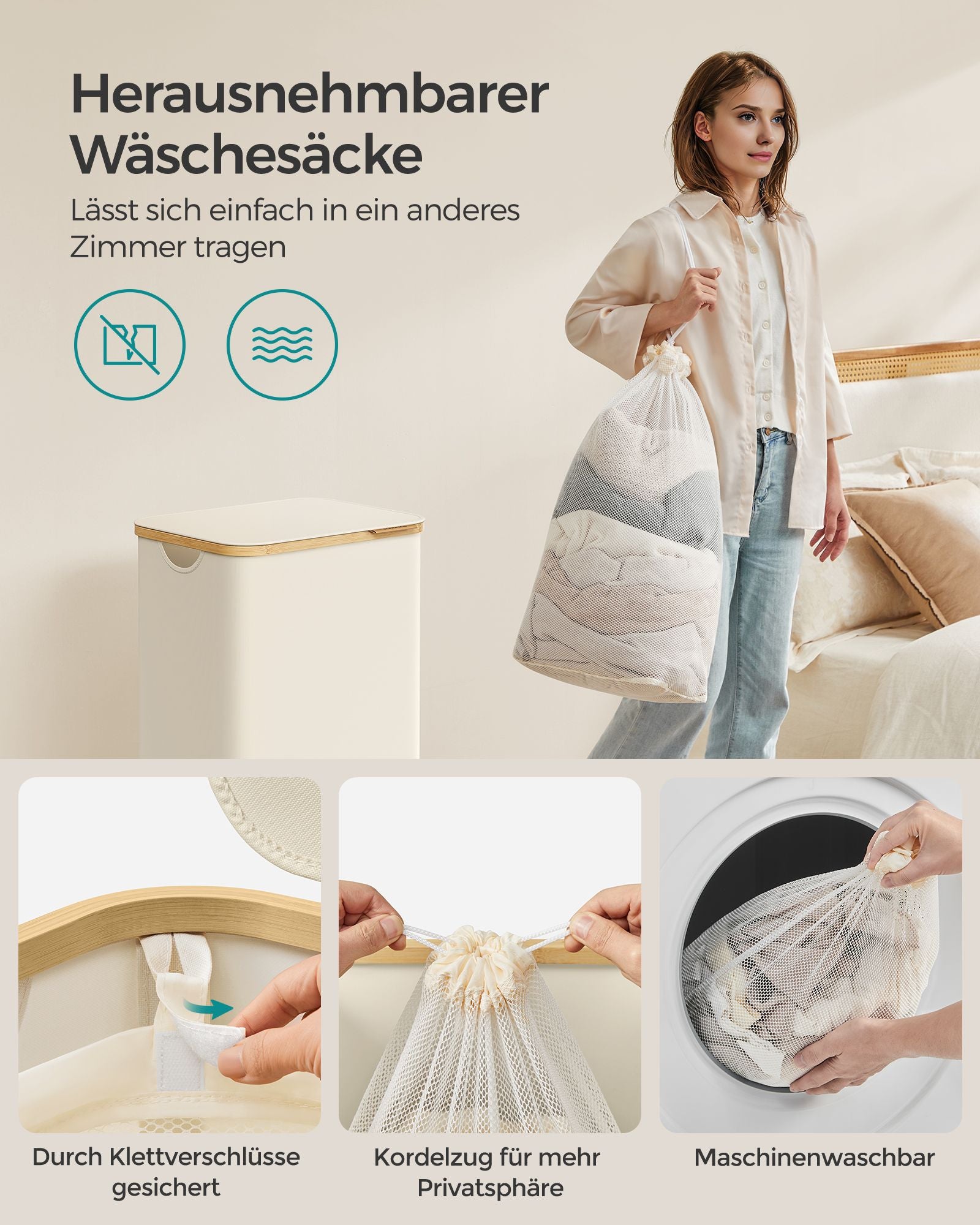 Wasmand 90 Liter met Uitneembare Waszak Crèmewit