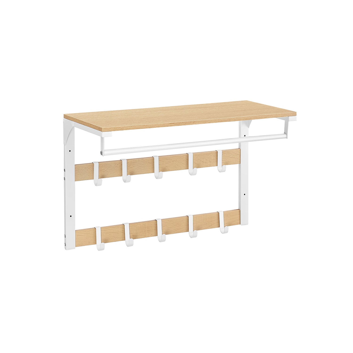 Wandkapstok – met plank – 10 afneembare haken – eiken-wit