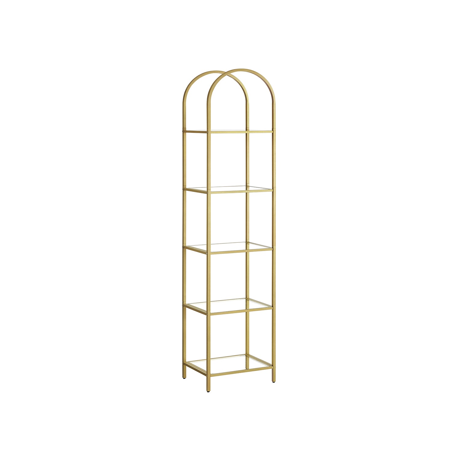 Boekenkast – 5 niveaus – gebogen metalen structuur – goudkleurig-transparant