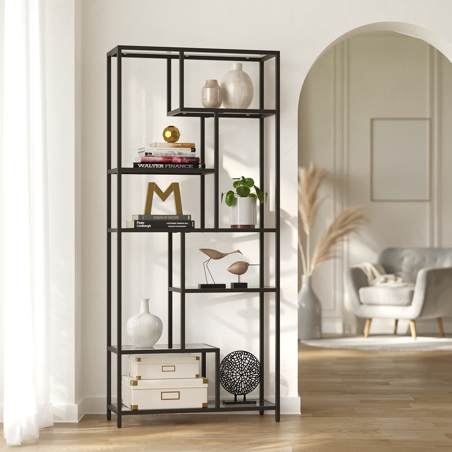 Boekenkast met 6 niveaus, plank met planken van gehard glas, staande plank