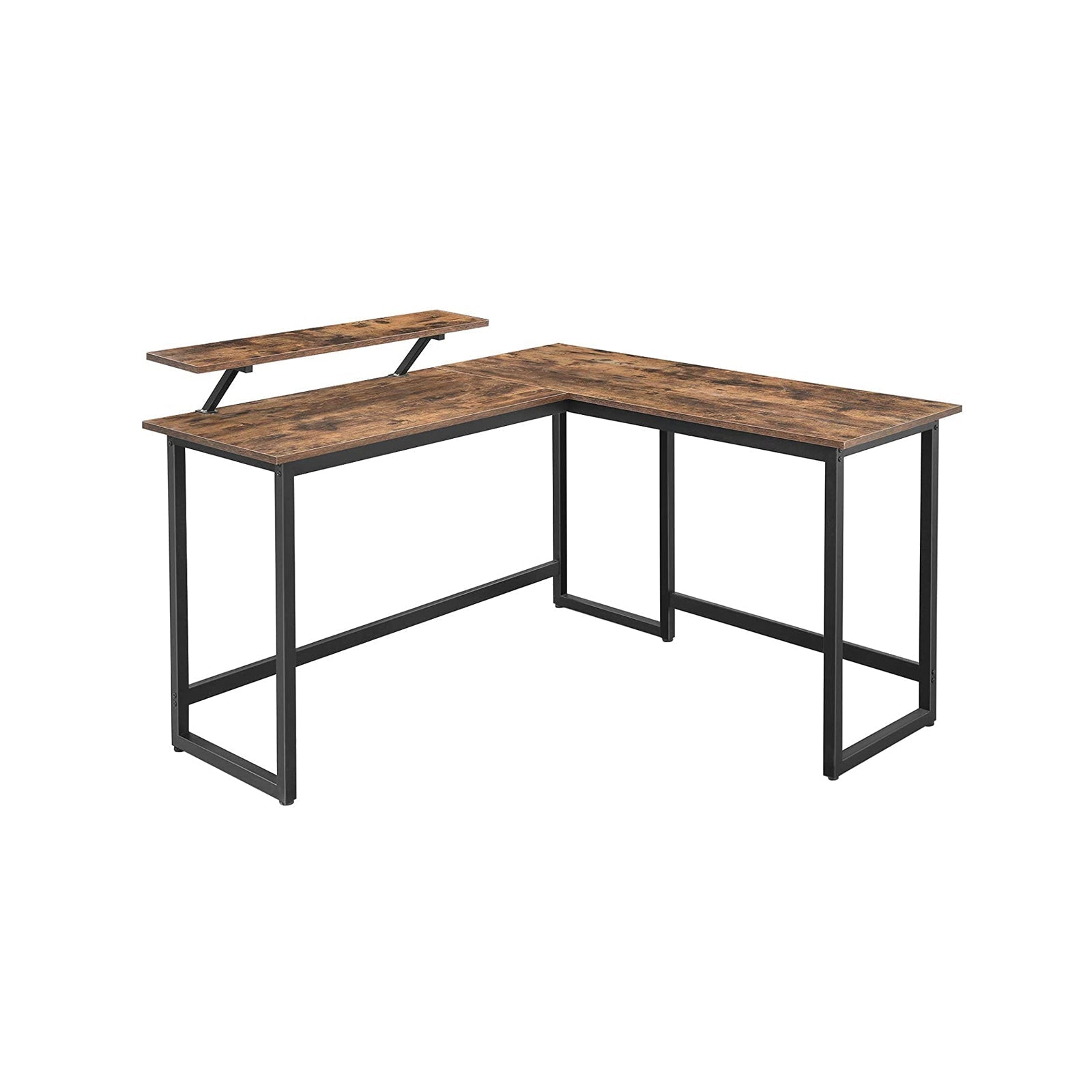 Hoekbureau – L-vormig met monitorbeugel – Vintage bruin, zwart