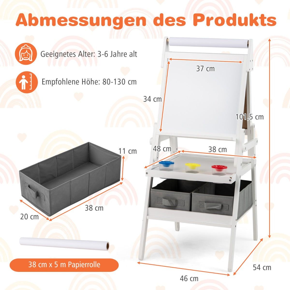 i – Barn Tafel med Pappersrulle och magnetisk Kritta Whiteboard Dubbelsidig – 3 1 – Vit