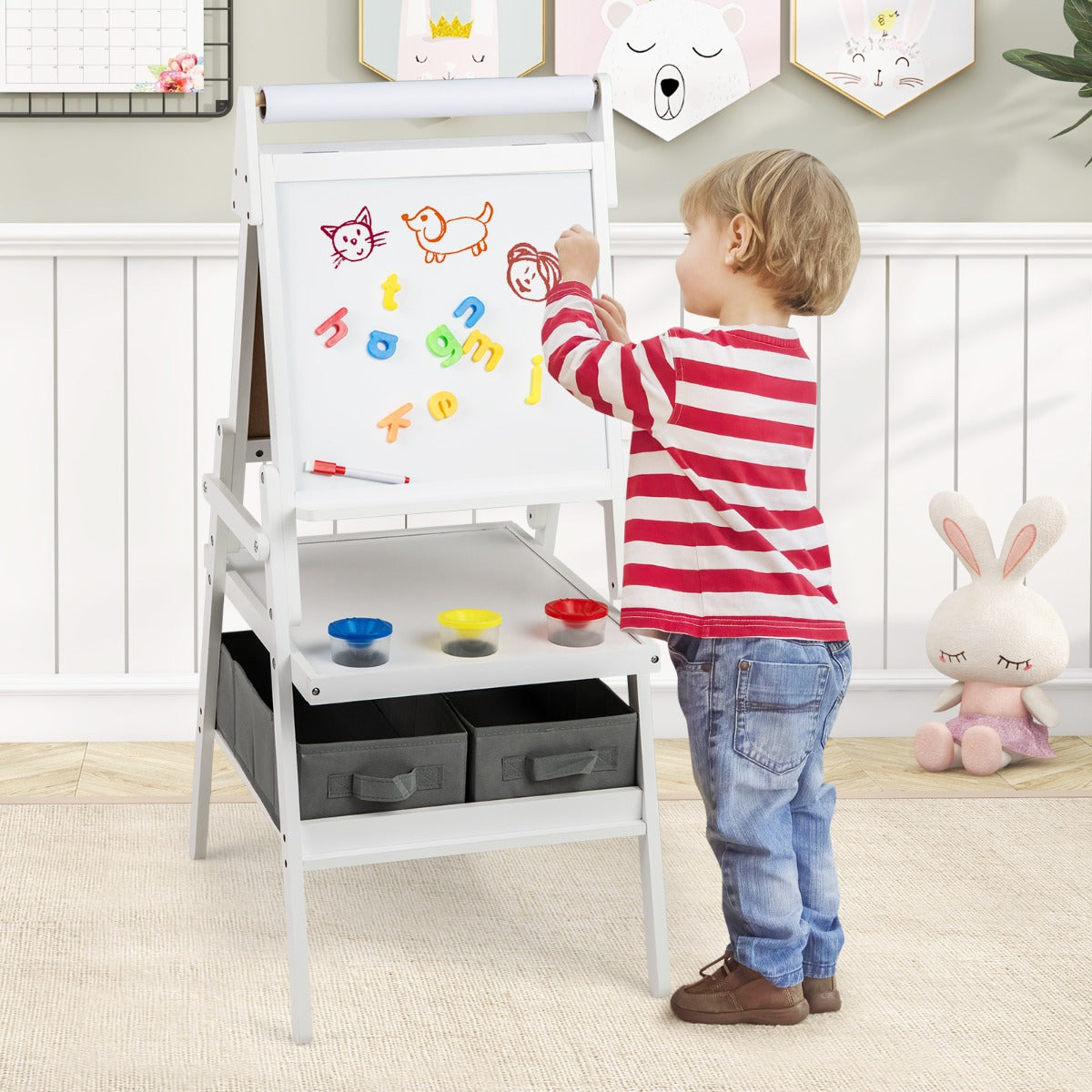 i – Barn Tafel med Pappersrulle och magnetisk Kritta Whiteboard Dubbelsidig – 3 1 – Vit