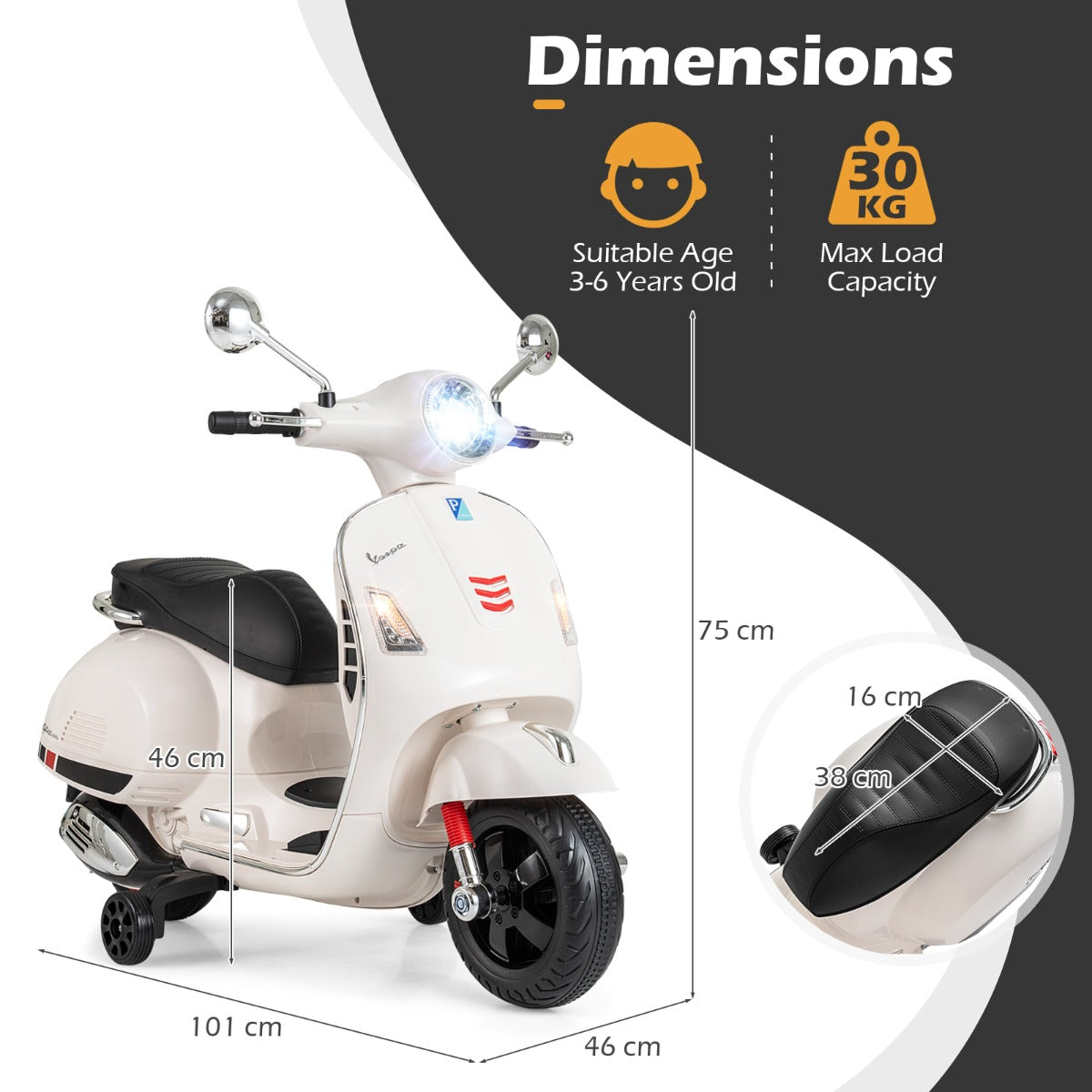 VESPA – Barn Motorcykel med LED Strålkastare och Tut Elektro Elektrisk Fordon – Vit