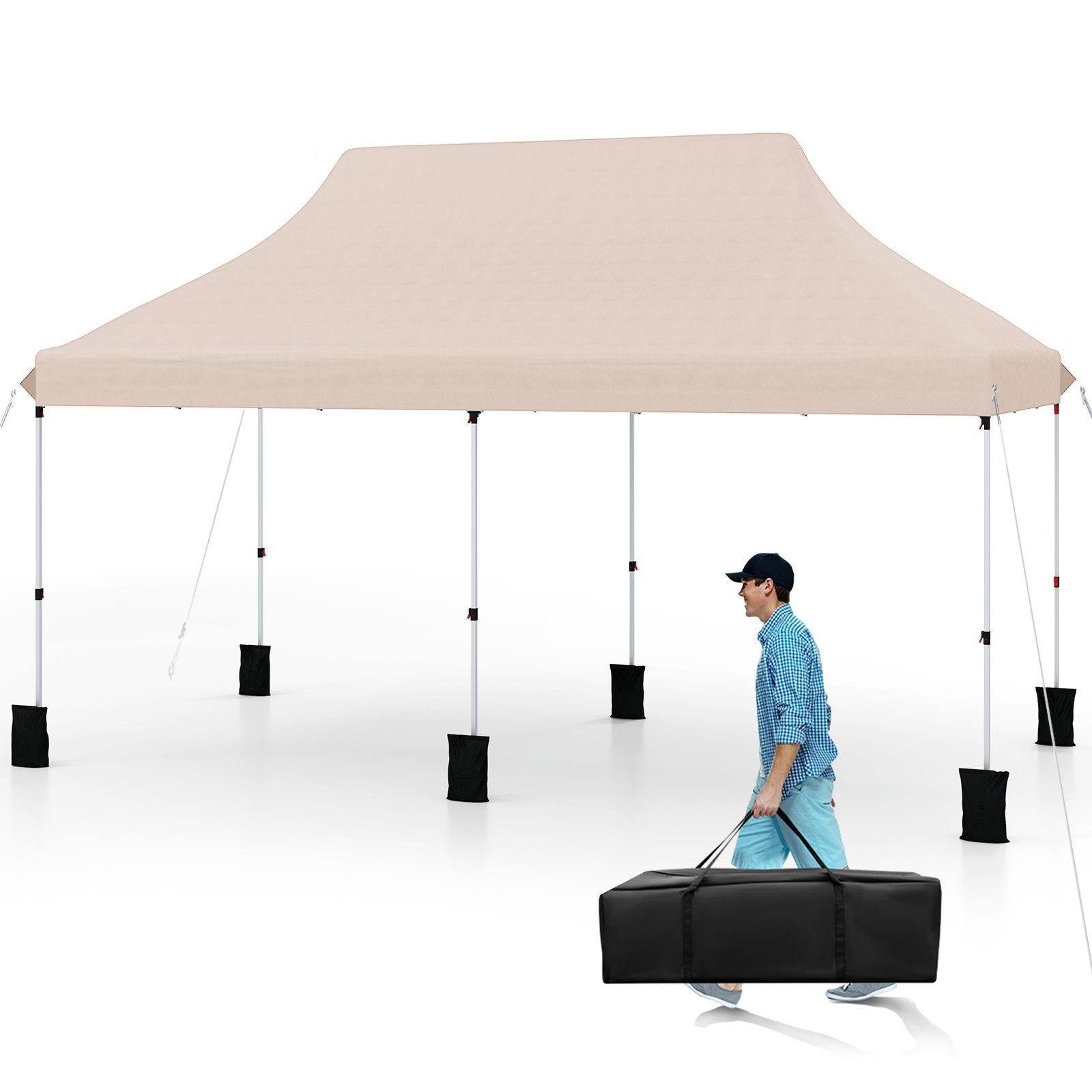 Paviljong – med bärväska, hopfällbar höjdjusterbart partytält – 3 x 6 m – Beige