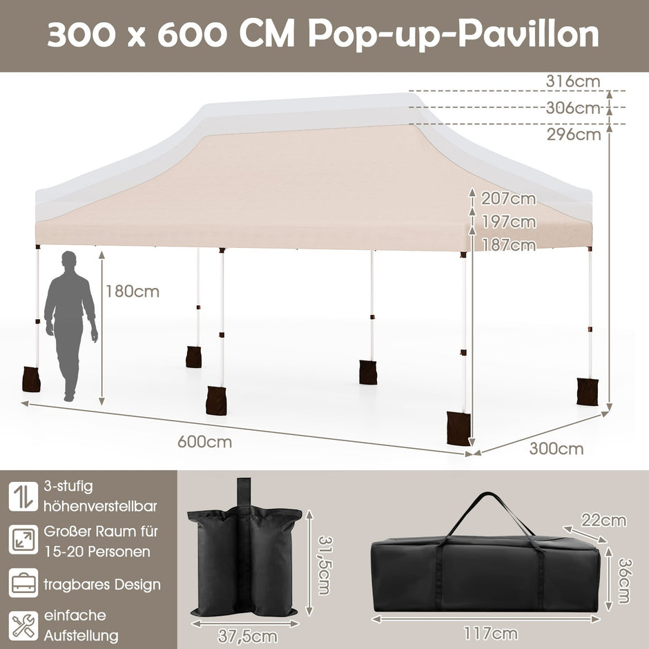 Paviljong – med bärväska, hopfällbar höjdjusterbart partytält – 3 x 6 m – Beige