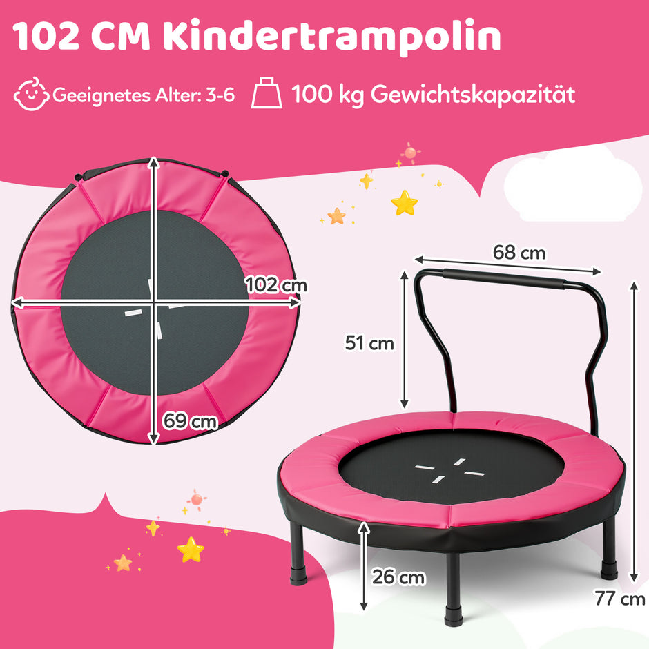 Barntrampolin – Fitness Inomhus med avtagbart handtag Minitrampolin upp till belastning – 100 kg Ø 102 cm – Rosa