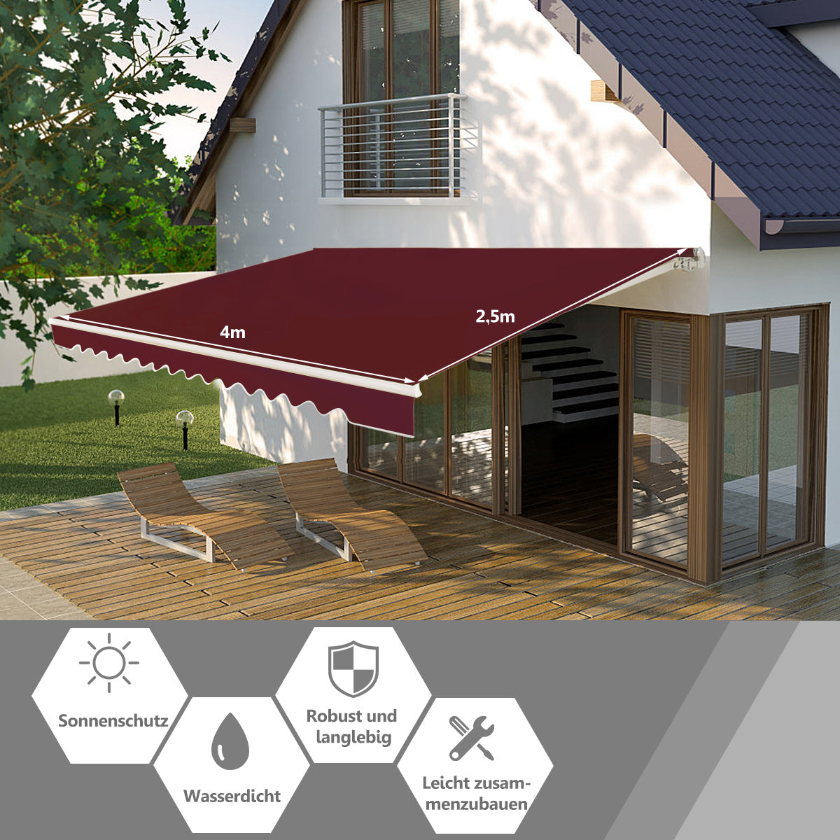 Markis – med vev Solskydd – 400 x 250 cm – Vinröd