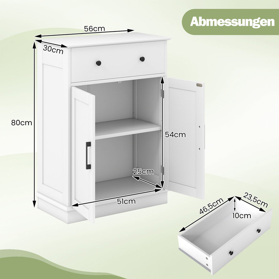 Badrumsskåp – Badskåp med låda dörrar och justerbar hylla kommod trä för – 56 x 30 x 80 cm – Vit