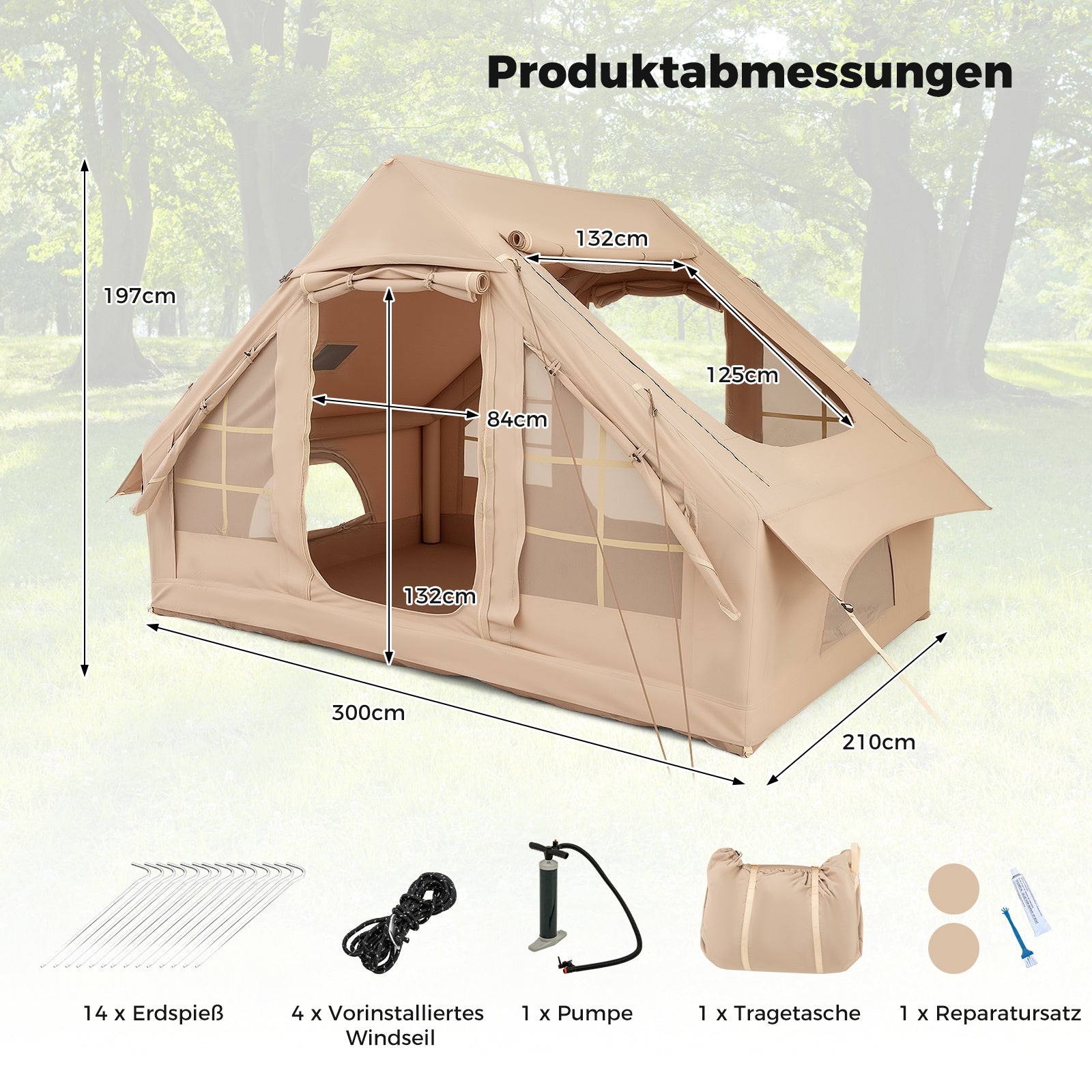 Uppblåsbart – tält för personer stort med nätfönster dörrar – 4-6 4 2 – Beige