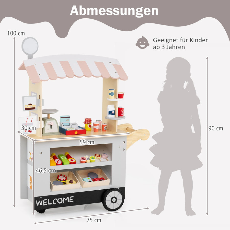 Barnmatvagn – i trä på hjul med kassa Foodtruck för från år – 3 3 – Grå