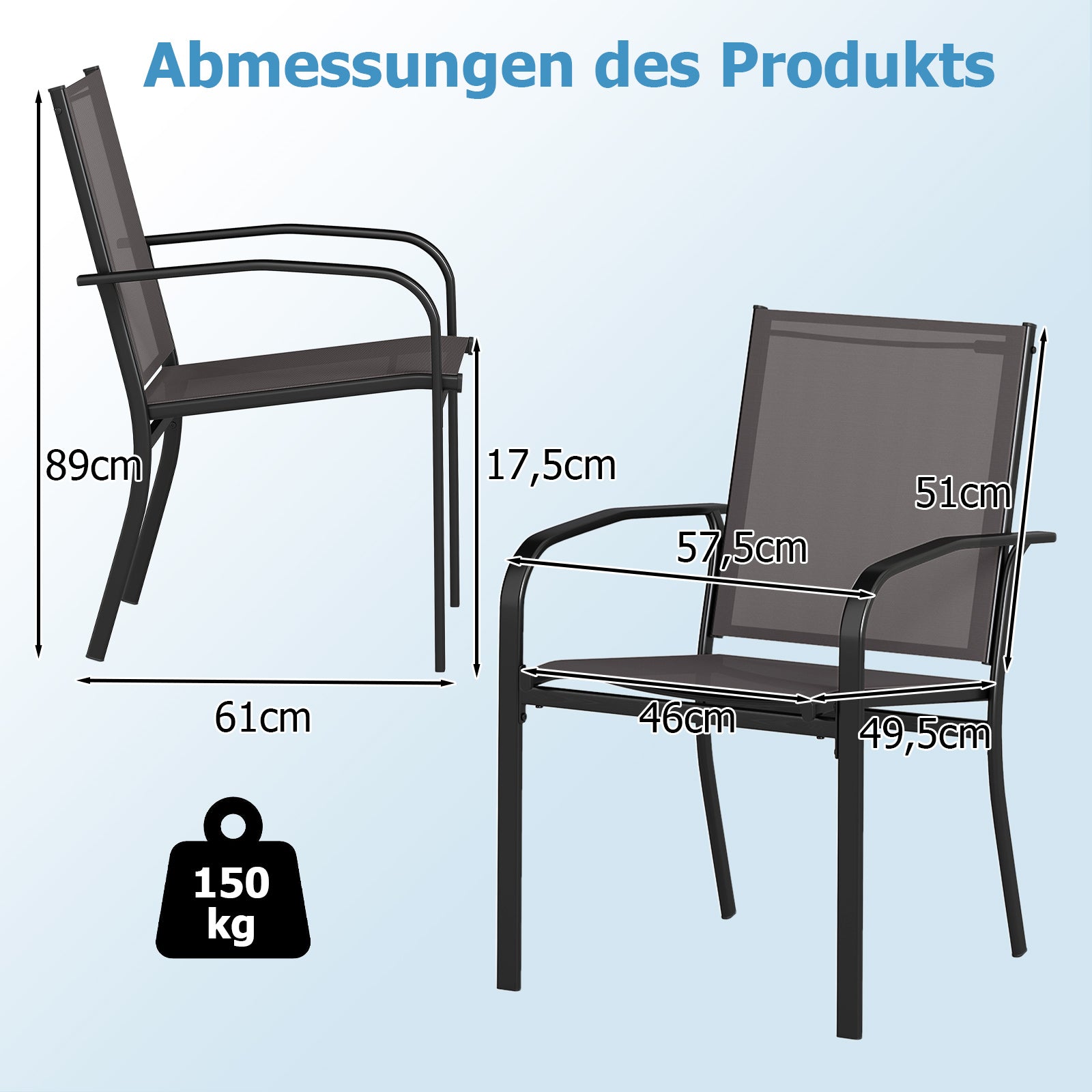 Utemöbel – matsalsstolset med stapelbara terrass slingstolar i andningsbart tyg – 2 – Grå