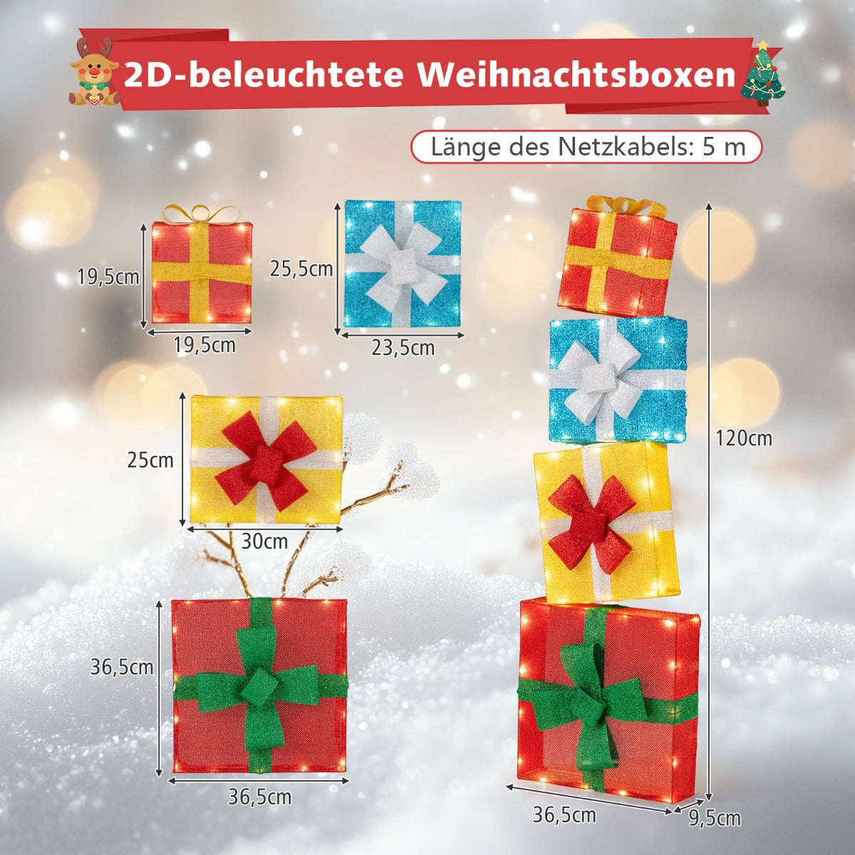 Belyst – Presentlåda 2D Juldekoration Set med LED Ljus staplad – 4 120 cm – Flerfärgad