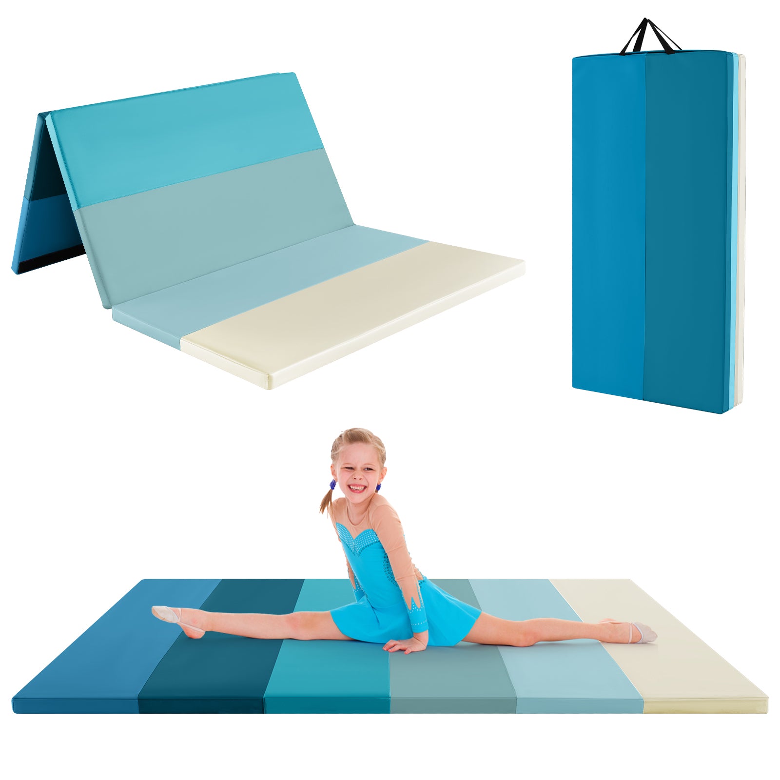 Vikbar – turnmatta Mjukgolvsmatta Gymnastikmatta faldig i PU med bärhandtag – 180 x 120 cm 3 – Blå