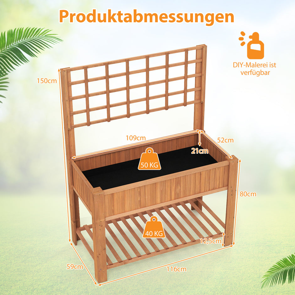 Trädhögbädd – med spaljé och avlastning, blomsterbädd dräneringshål, trädgårdsbädd, planteringslåda – Brun