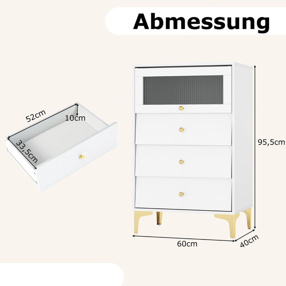 Kommodeskåp – med lådor, sidobord fällbar glasdörr, förvaringsskåp i vitt – 3 – Vit