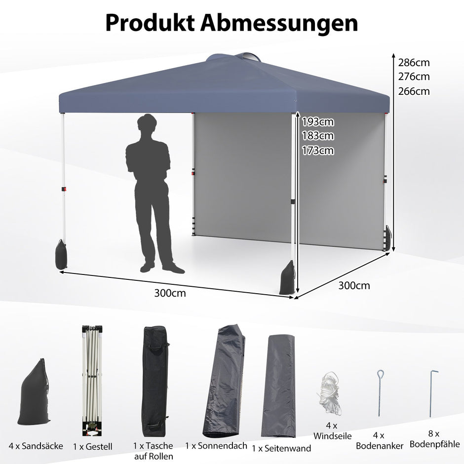 Pop – up paviljong med sidovägg bärbar inkl. skugga rullväska – 3 x 3 m – Grå