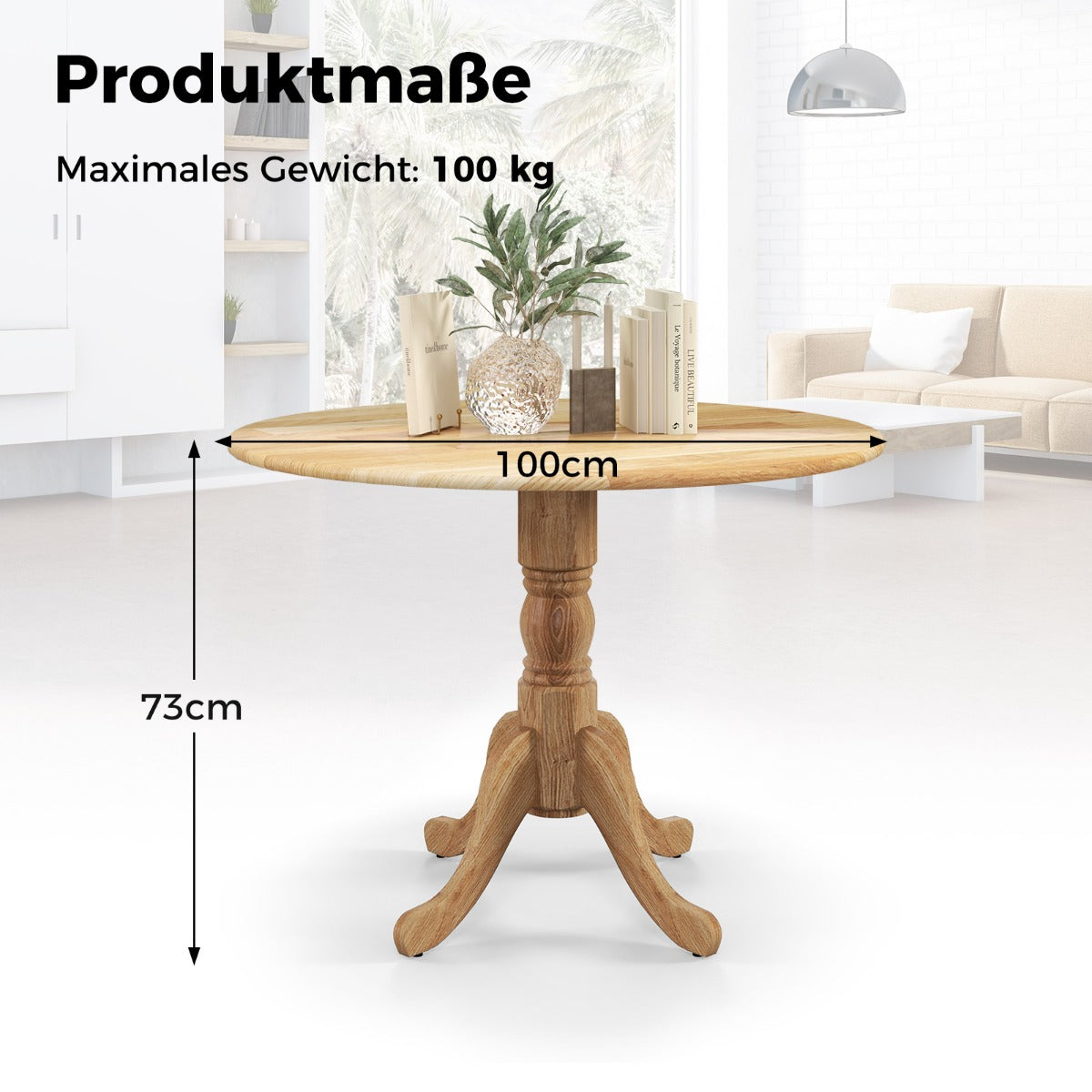 Rund – matbord för personer Köksbord i gummiträ med sockel Modernt fritidsbord matsalen – 4 100 cm – Natur