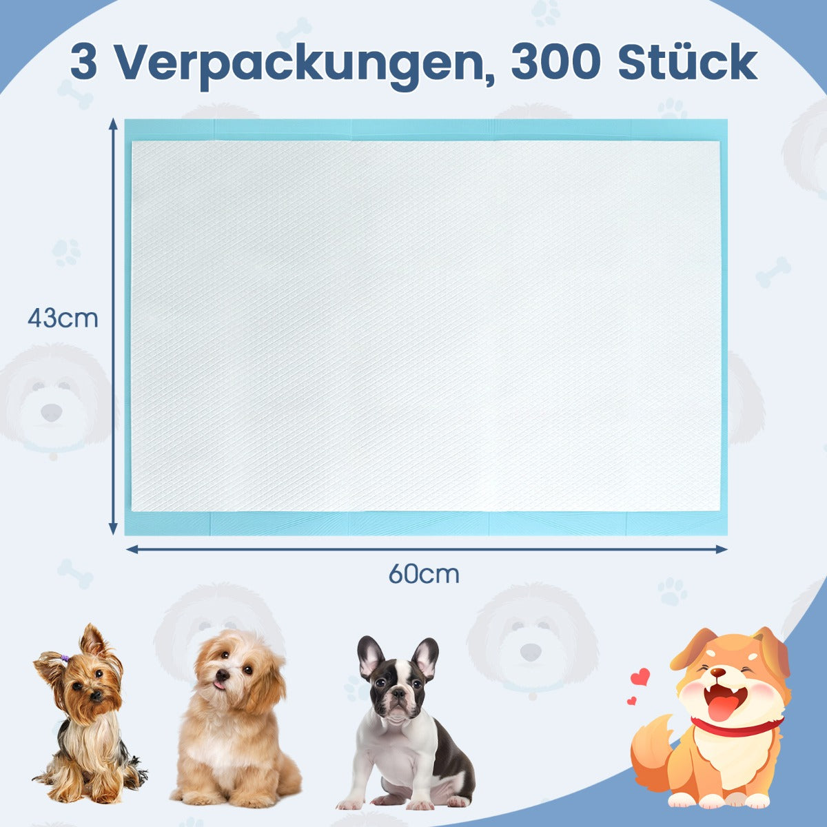 (300 – stycken) lagers läckagesäkra husdjursunderlag för rumsrenhetsträning superabsorberande – 6 60 x 43 cm – Blå
