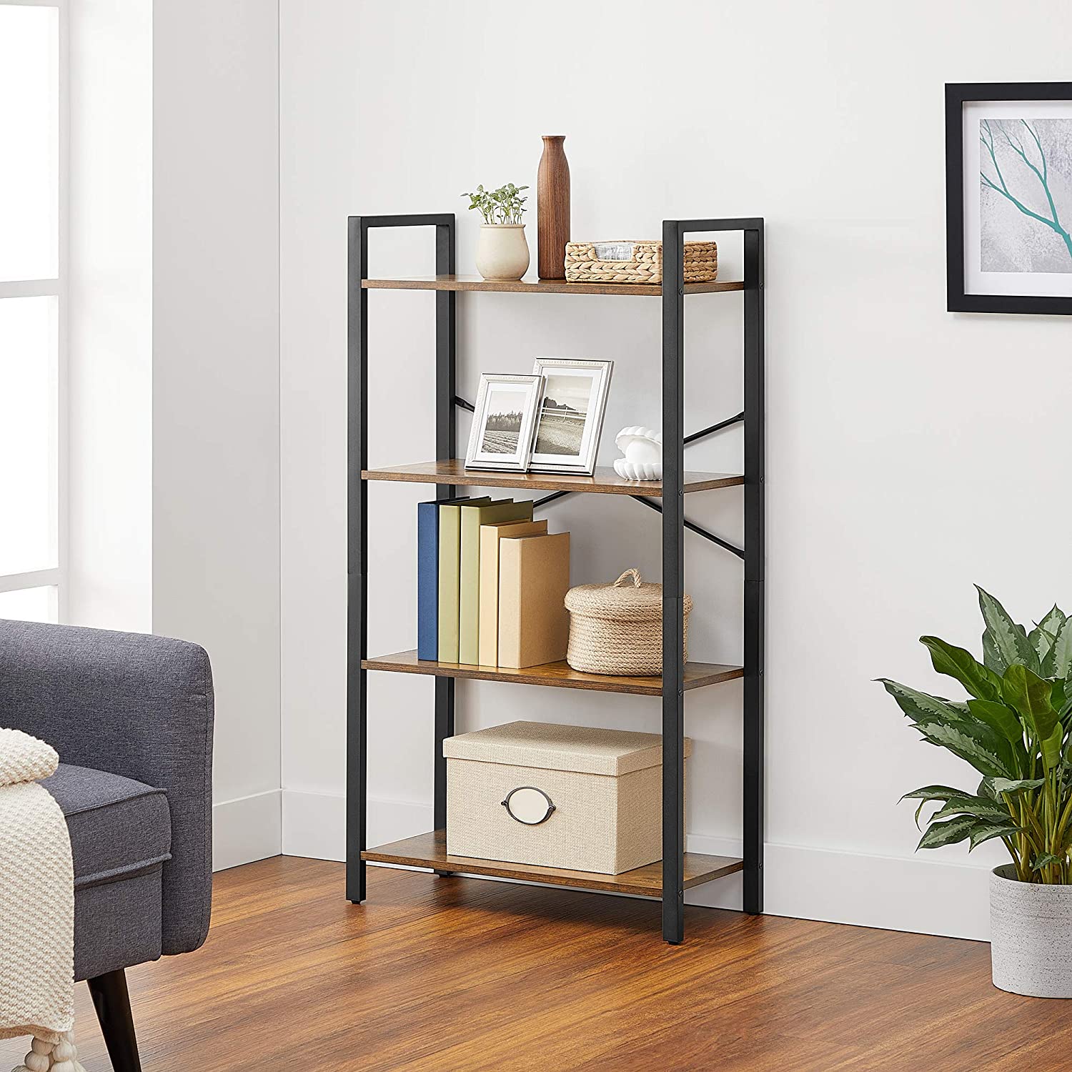Boekenkast - 4 niveaus - Opbergrek met stalen frame - 120 cm hoog - Bruin/Zwart