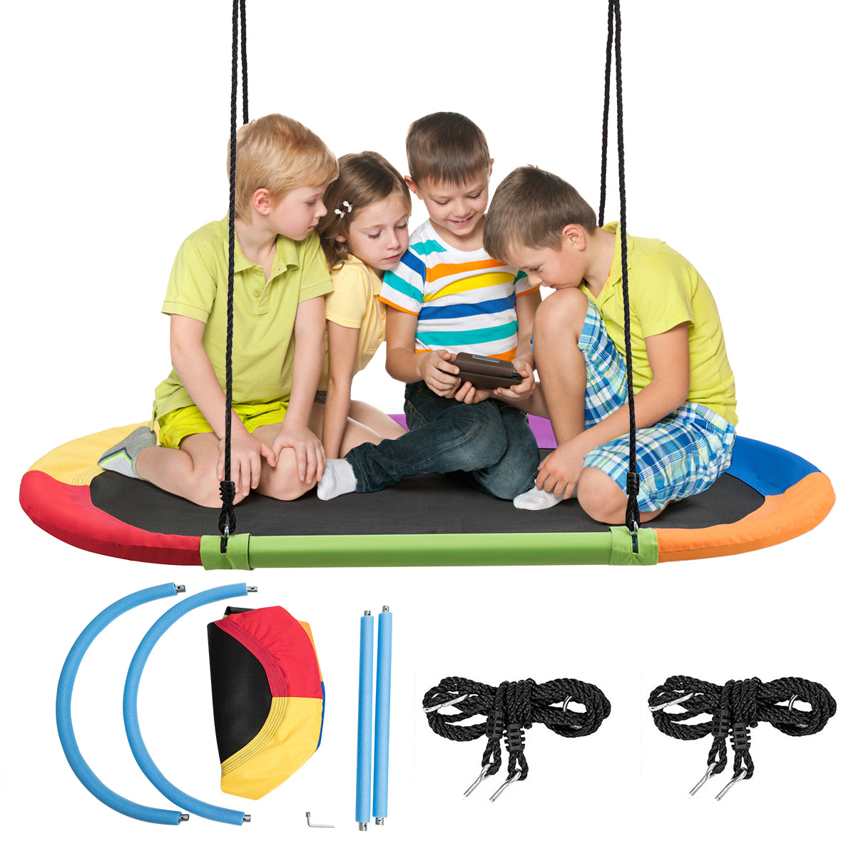 Oval – bo gungplatta med höjdjusterbart rep för inomhus och utomhus färgglada – 100-180 cm 150 x 80 cm – Färgglad