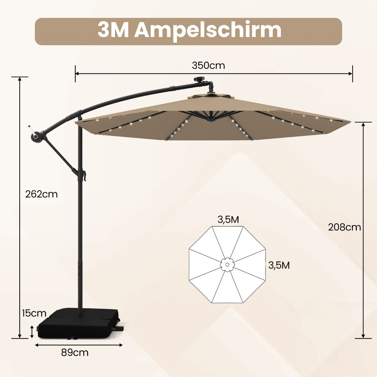 Vinkelsolparasoll – med Sol LED lampor och Sandsäckar Vev UV skydd – 40 Ø 350 cm – Brun