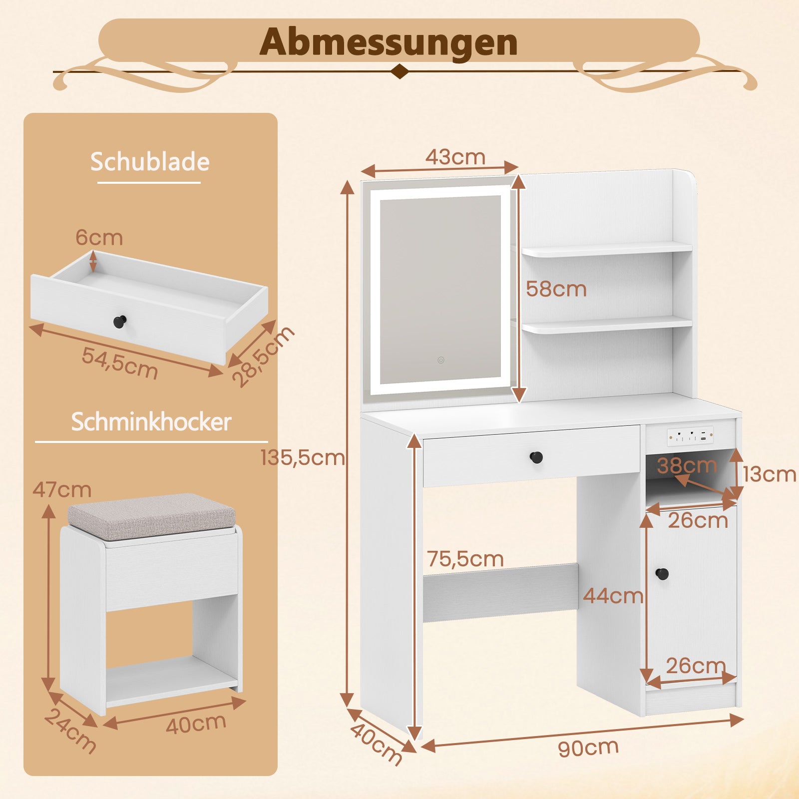 Sminkbord – med spegel och belysning pall Frisörbord Kosmetiktabell – Vit