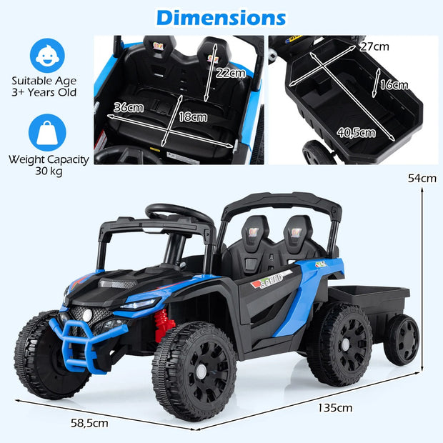 12V – barn traktor med avtagbar släpvagn och föräldra fjärrkontroll Elektrisk UTV – Blå