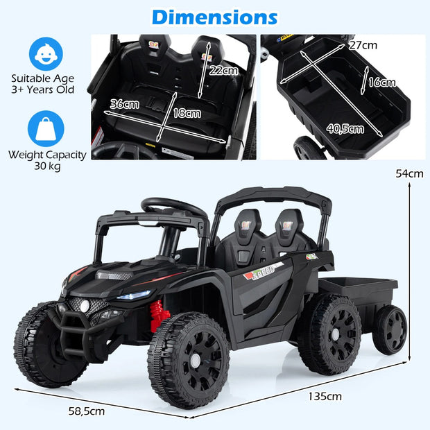 12V – barn traktor med avtagbar släpvagn och fjärrkontroll för föräldrar Elektrisk UTV – Svart