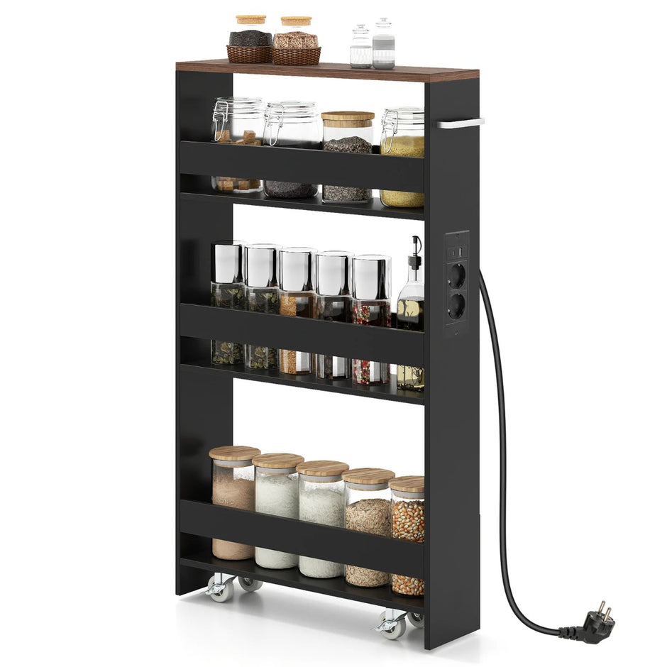Smal – förvaringsvagn med laddningsstation stegs rullbar köksvagn handtag + vintagebrun – 4 13 cm – Brun + svart