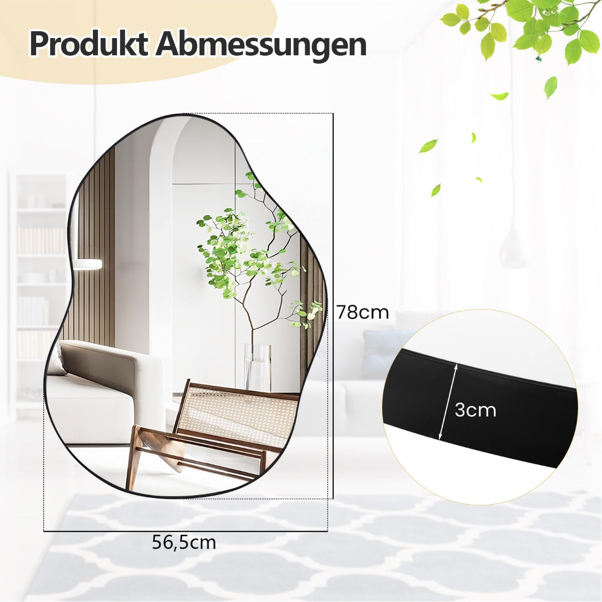 Asymmetrisk – väggspegel med premium baksida Oregelbundet formad – 78 x 56,5 cm – Svart