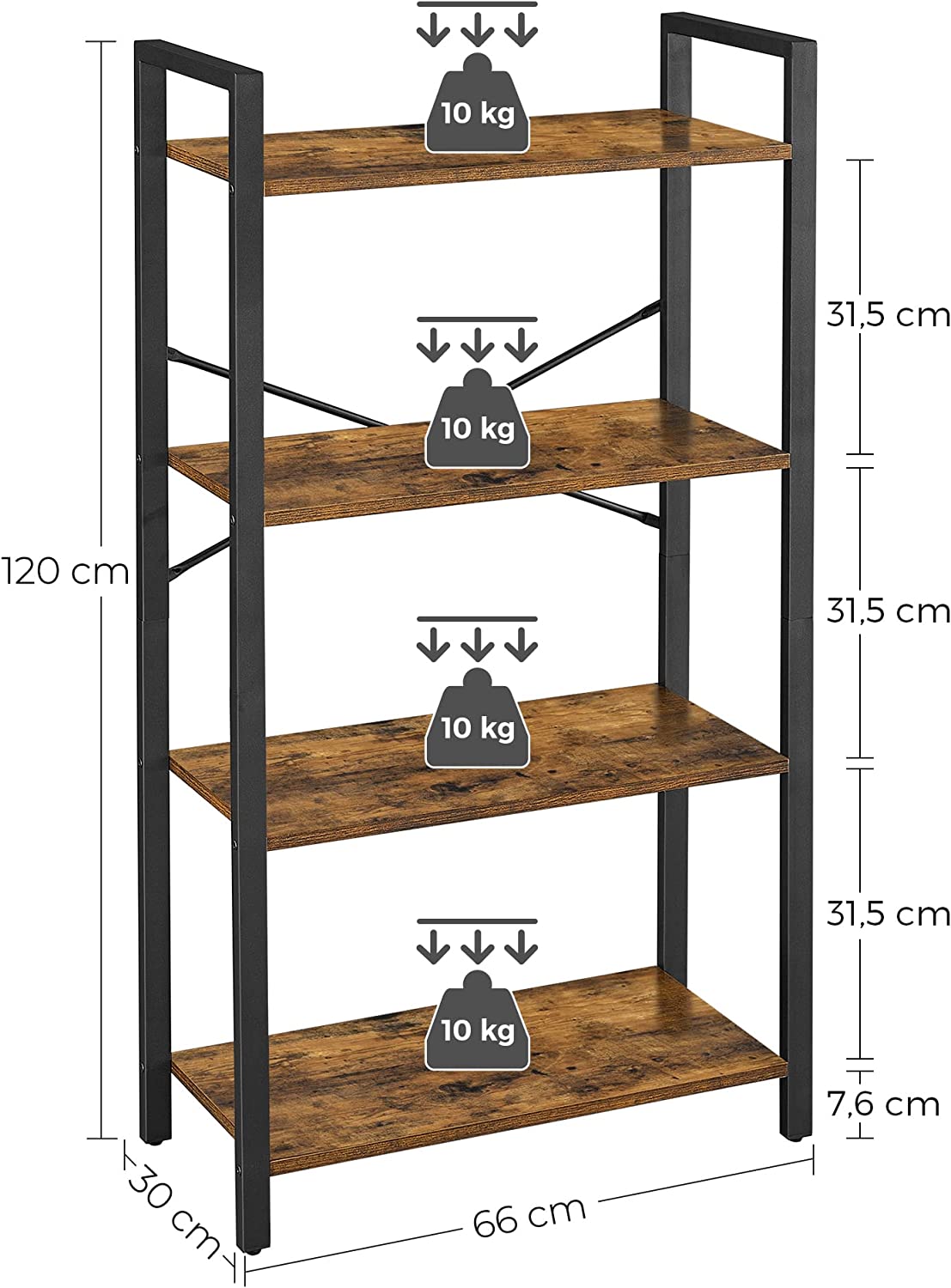 Boekenkast - 4 niveaus - Opbergrek met stalen frame - 120 cm hoog - Bruin/Zwart