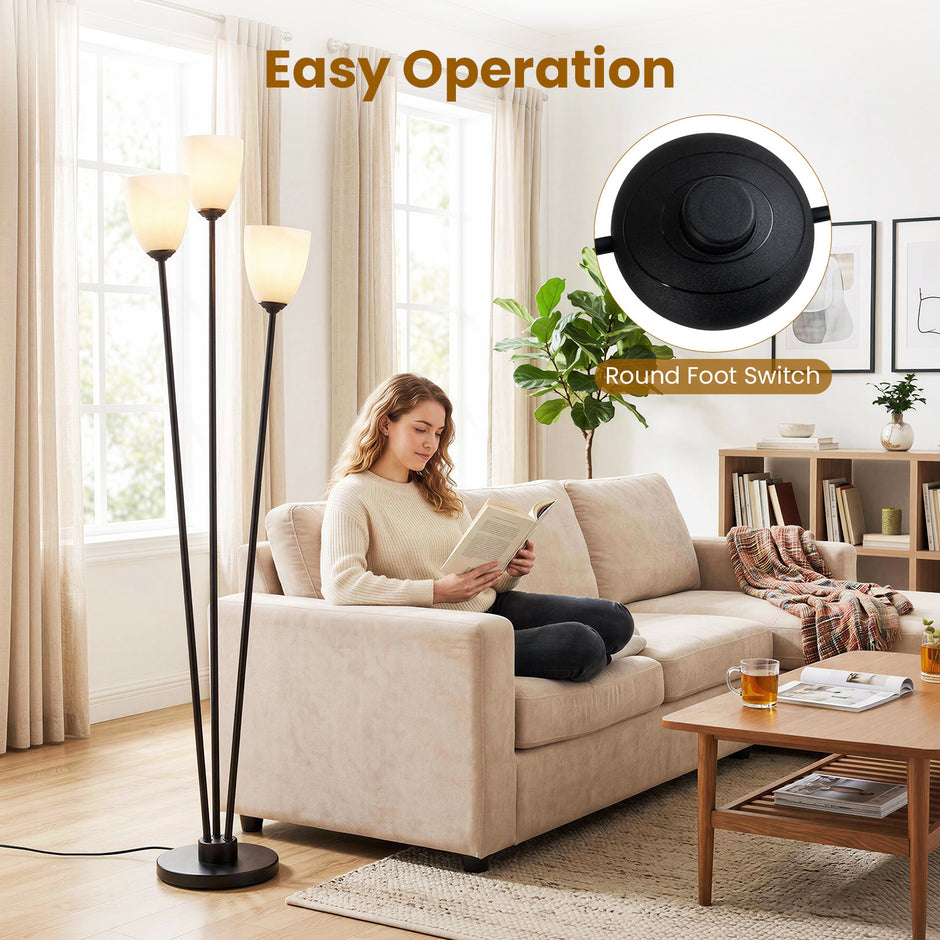 Golvlampa – med tre E27‑socklar, treflig läslampa lampskärm – 153 cm
