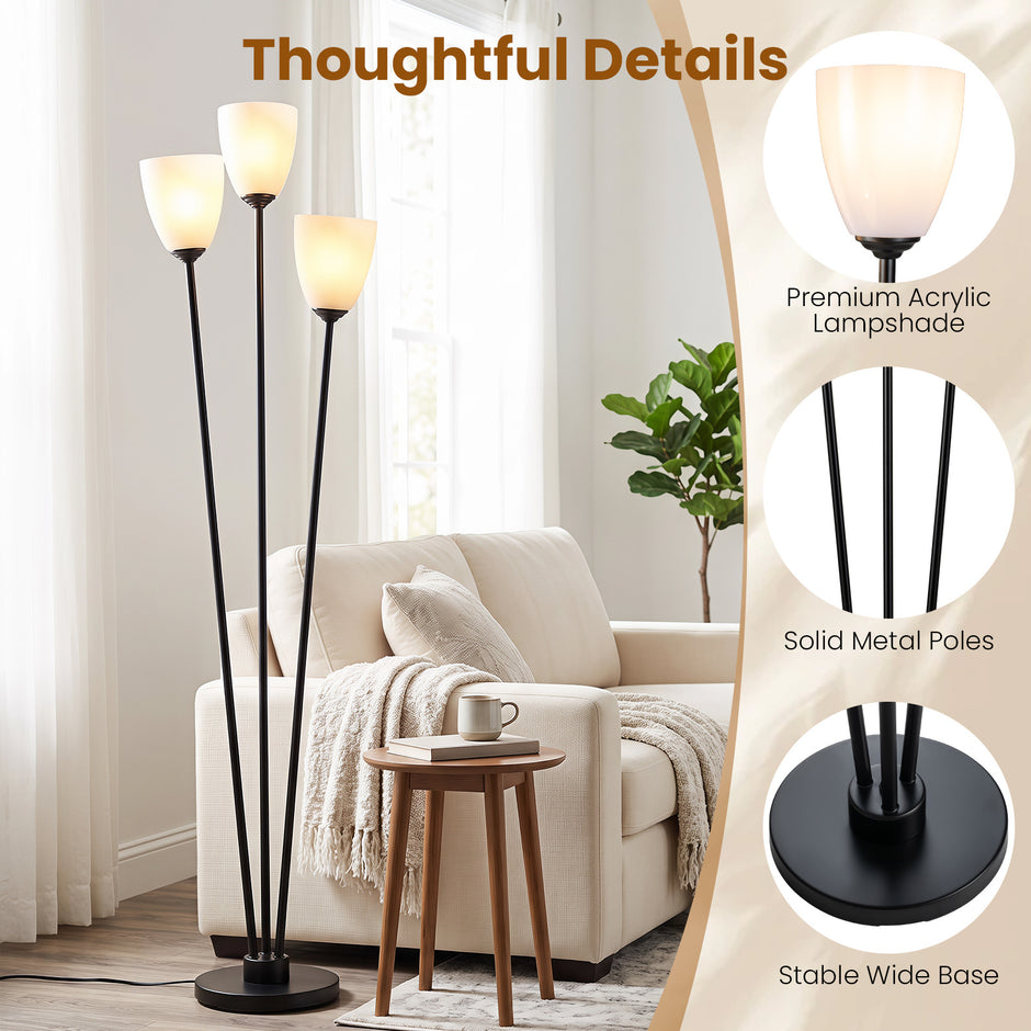 Golvlampa – med tre E27‑socklar, treflig läslampa lampskärm – 153 cm