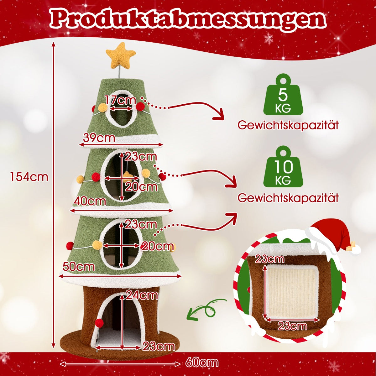Julklappskratzbaum – med mysiga grottor och sisalmatta Kattklättertorn – 4 154 cm – Färgglad