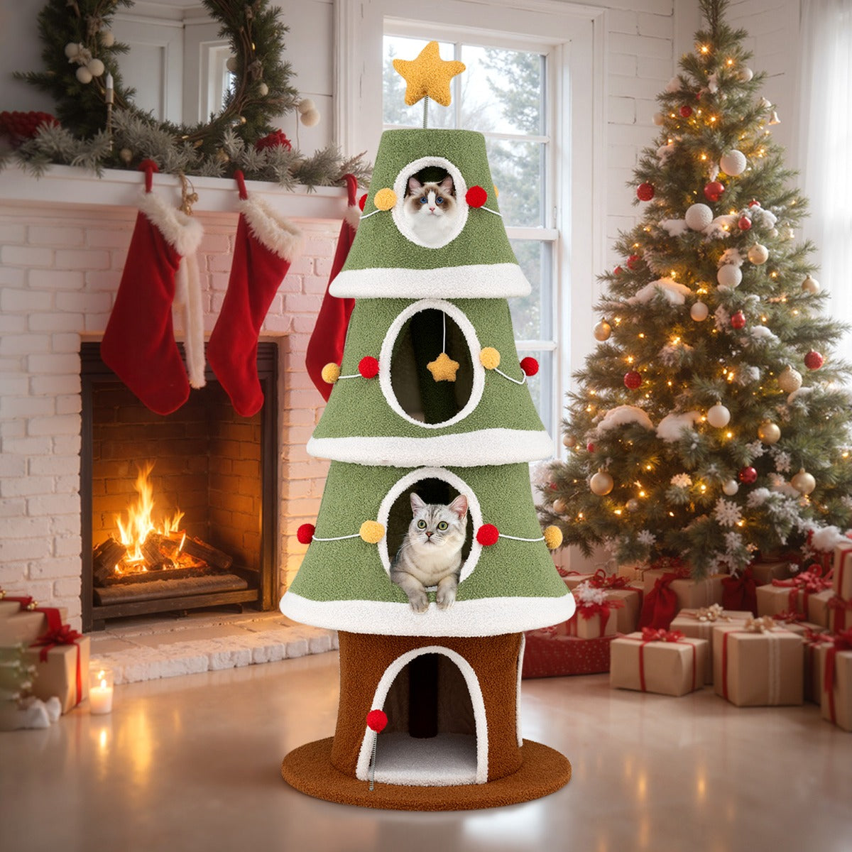 Julklappskratzbaum – med mysiga grottor och sisalmatta Kattklättertorn – 4 154 cm – Färgglad