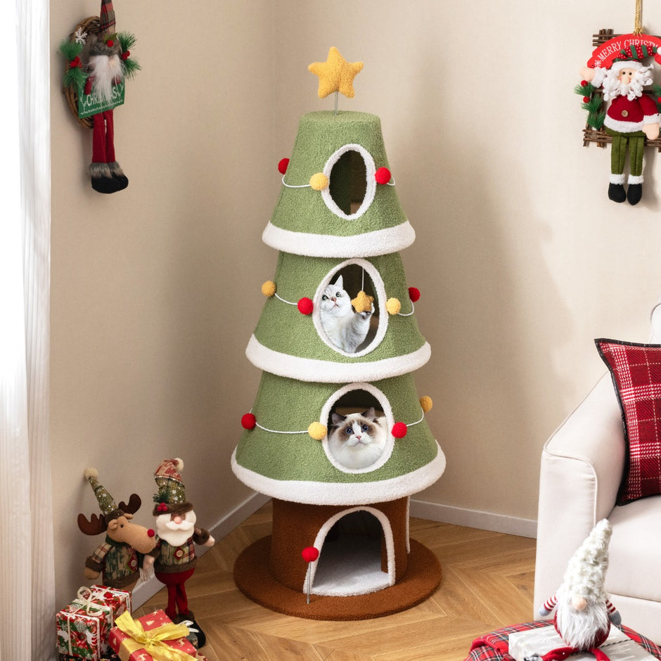 Julklappskratzbaum – med mysiga grottor och sisalmatta Kattklättertorn – 4 154 cm – Färgglad