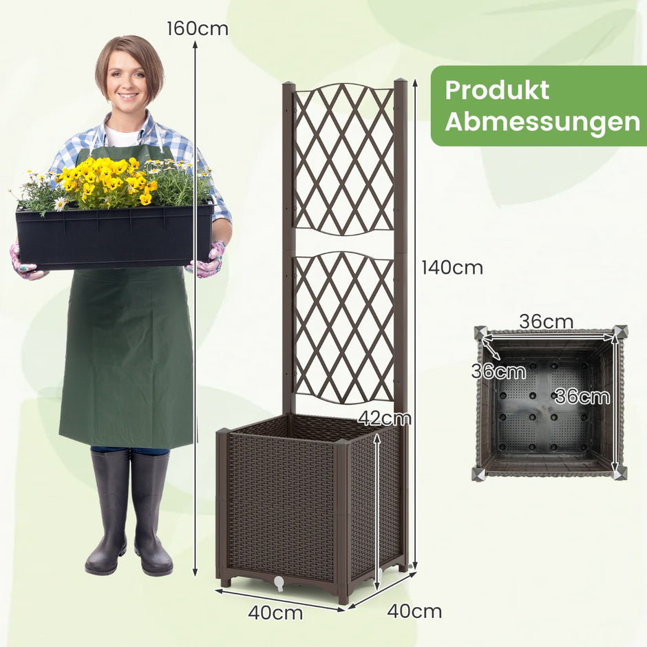 Blomlåda – med spaljé, planteringslåda för klätterväxter – 40 x 40 x 140 cm – Kaffe
