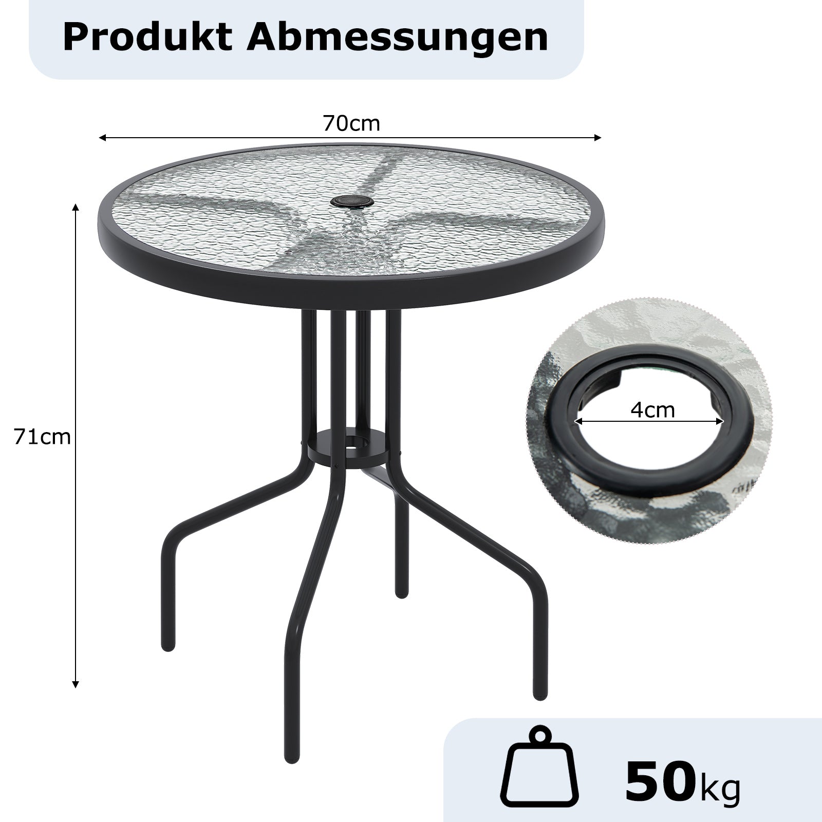 Trädgårdsbord – med parasollhål Bistråbord bordsskiva av härdat glas – 70 x 70 x 71 cm – Svart