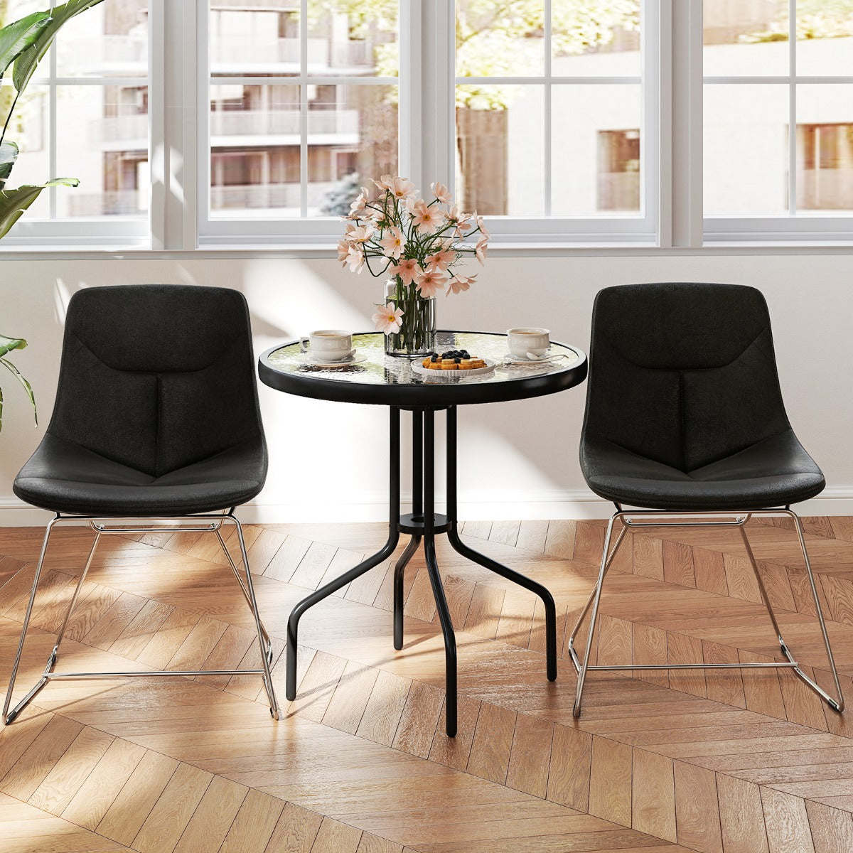 Trädgårdsbord – med parasollhål Bistråbord bordsskiva av härdat glas – 70 x 70 x 71 cm – Svart