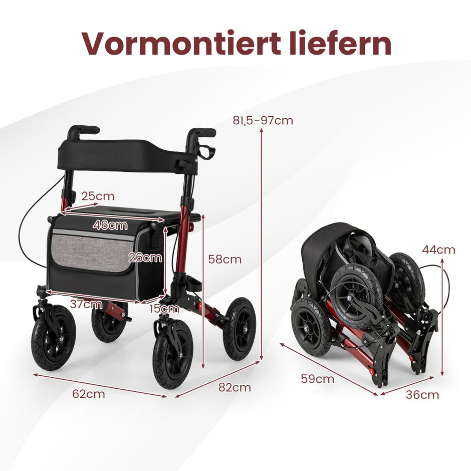 Fällbar – och lätt rollator med luftdäck sittplats i aluminium, upp till kg, i rullstol – 140 2 1 – Röd