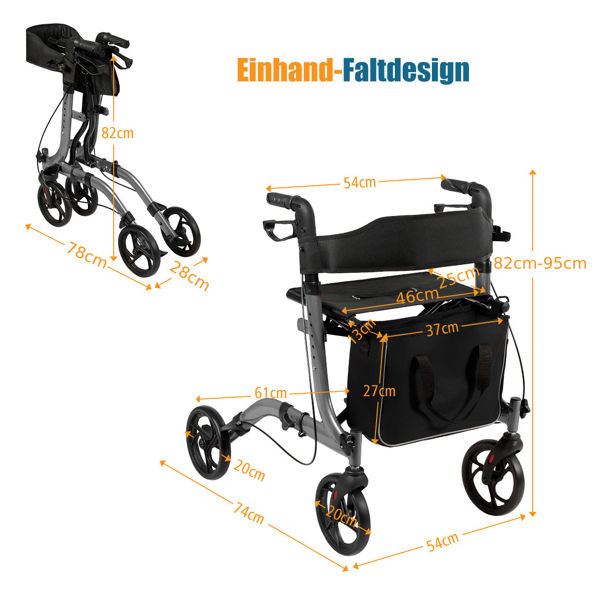 Aluminium – Rollator Fällbar Reserullator Höjdjusterbar Lättviktsrullator – Grå