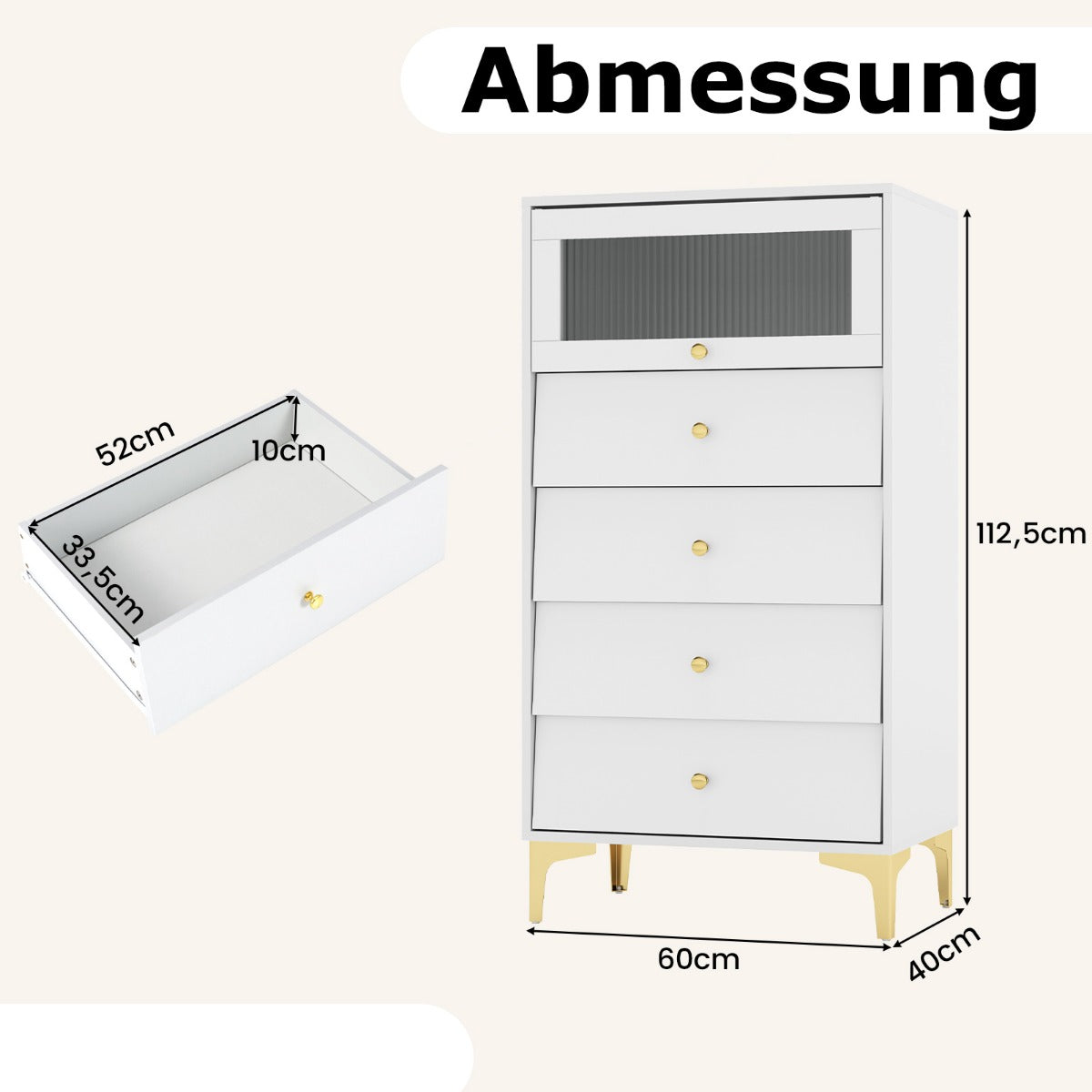 Kommodeskåp – med lådor sidobord fällbar glasdörr – 4 – Vit