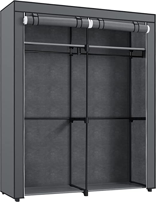Stoffenkast – 2 kledingrails en 6 legplanken – Grijs