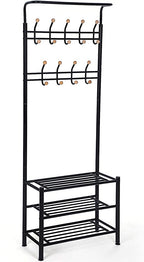 Kapstok - met 3 schoenenrekken - met 18 haken - metaal - 68,8 x 35,2 x 187 cm