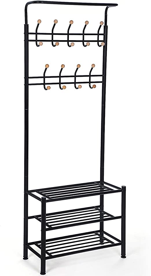 Kapstok met 18 haken en 3 schoenenrekken - staal - zwart